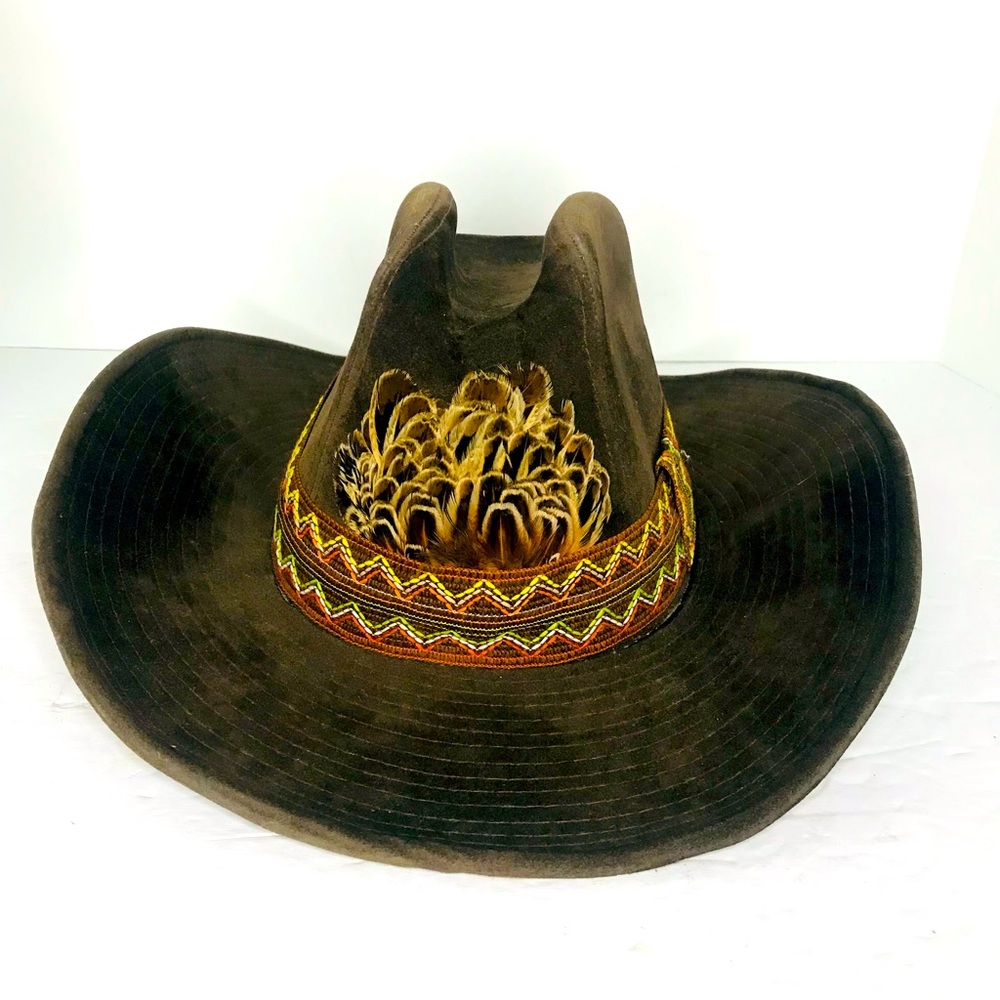 Vintage YA Longhorn Hat Mens 7 1/8 Brown Feather Ranch Wear Western Cowboy Korea